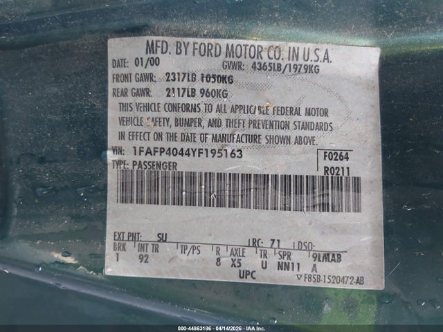 2000 Ford Mustang მანქანა იყიდება აუქციონზე, vin: 1FAFP4044YF195163, აუქციონის ნომერი: 44863186