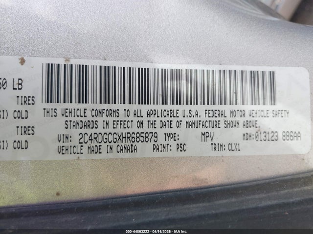 Продажа на аукционе авто 2017 Dodge Grand Caravan Sxt, vin: 2C4RDGCGXHR685879, номер лота: 44863222