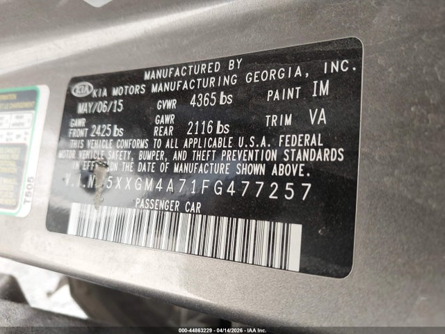 2015 Kia Optima Lx მანქანა იყიდება აუქციონზე, vin: 5XXGM4A71FG477257, აუქციონის ნომერი: 44863229
