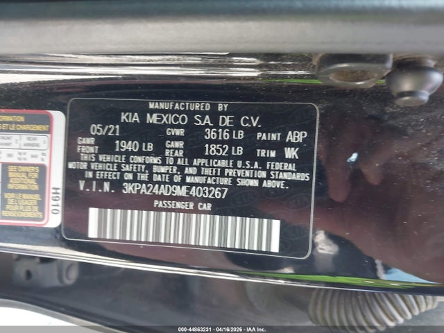 2021 Kia Rio Lx მანქანა იყიდება აუქციონზე, vin: 3KPA24AD9ME403267, აუქციონის ნომერი: 44863231