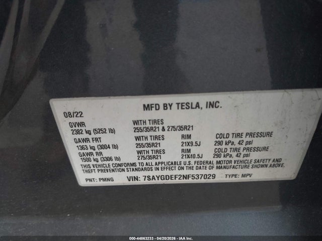 Продажа на аукционе авто 2022 Tesla Model Y Performance Dual Motor All-wheel Drive, vin: 7SAYGDEF2NF537029, номер лота: 44863233