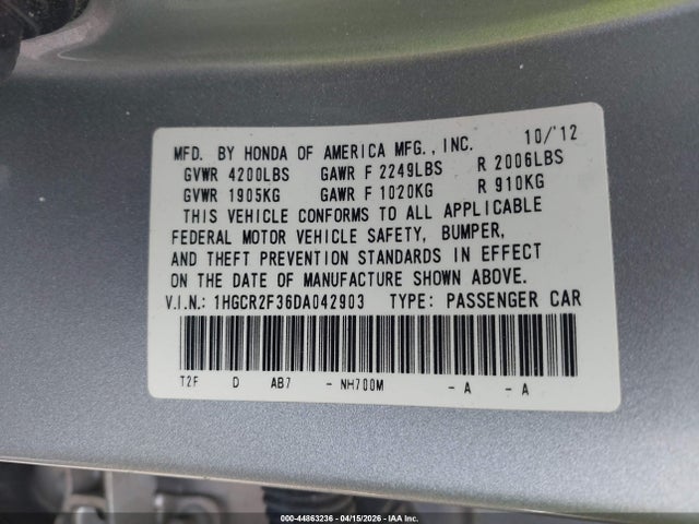 2013 Honda Accord Lx მანქანა იყიდება აუქციონზე, vin: 1HGCR2F36DA042903, აუქციონის ნომერი: 44863236