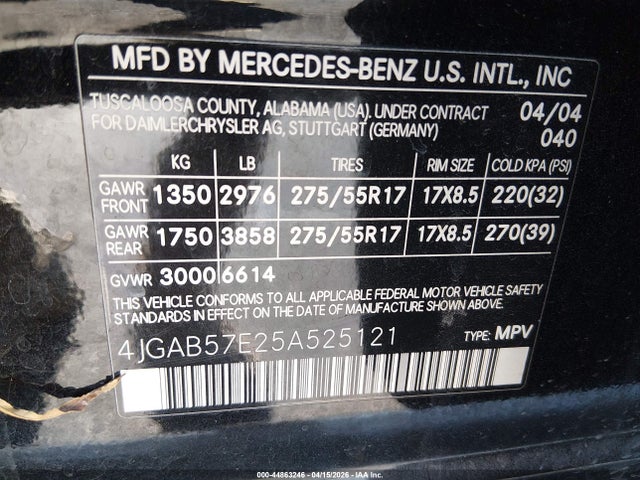 Продаж на аукціоні авто 2005 Mercedes-benz Ml 350 4matic, vin: 4JGAB57E25A525121, номер лоту: 44863246