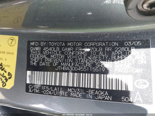 44863248 :رقم المزاد ، JTHBA30G455115519 vin ، 2005 Lexus Es 330 مزاد بيع