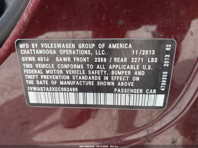 Продаж на аукціоні авто 2014 Volkswagen Passat 1.8t Wolfsburg Edition, vin: 1VWAS7A3XEC052495, номер лоту: 44863252