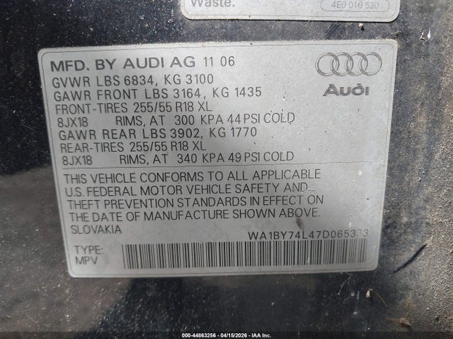 44863256 :رقم المزاد ، WA1BY74L47D065333 vin ، 2007 Audi Q7 3.6 Premium مزاد بيع