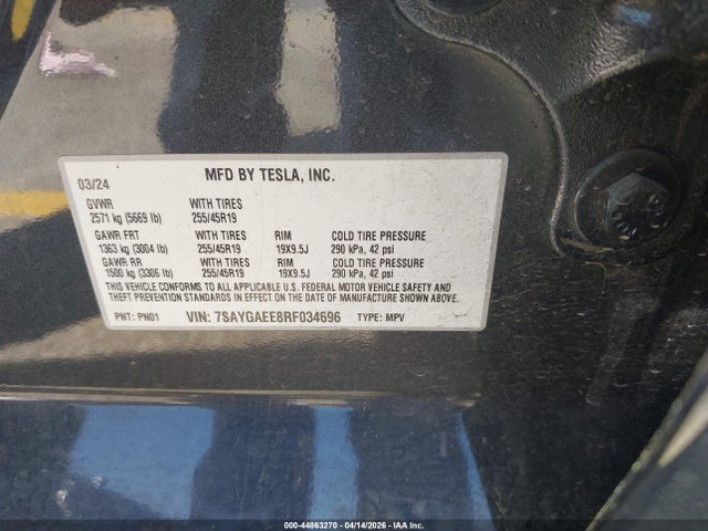 Продаж на аукціоні авто 2024 Tesla Model Y Long Range Dual Motor All-wheel Drive, vin: 7SAYGAEE8RF034696, номер лоту: 44863270