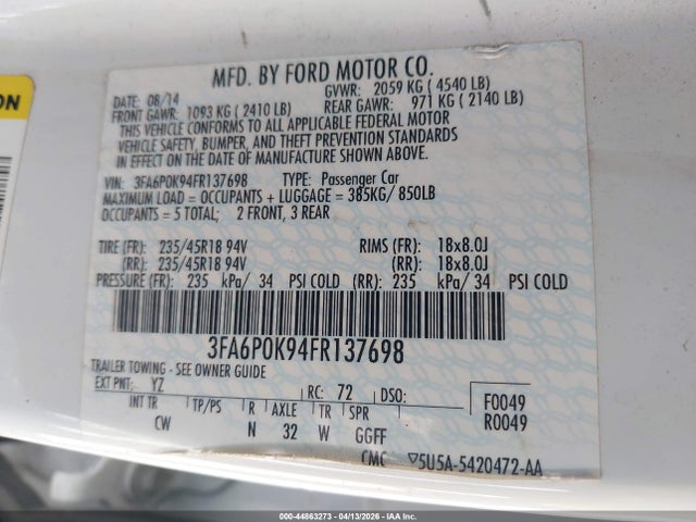 Продаж на аукціоні авто 2015 Ford Fusion Titanium, vin: 3FA6P0K94FR137698, номер лоту: 44863273