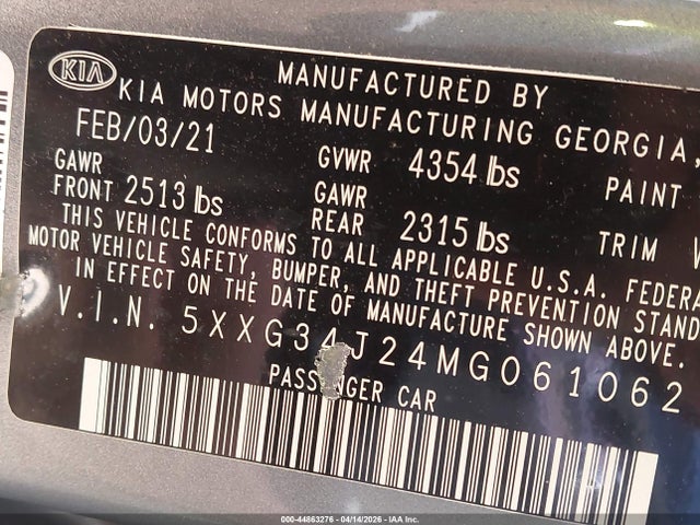 Aukcja sprzedaży 2021 Kia K5 Ex, vin: 5XXG34J24MG061062, numer aukcji: 44863276
