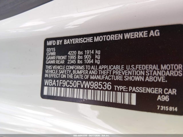 44863288 :رقم المزاد ، WBA1F9C50FVW98536 vin ، 2015 Bmw 228i مزاد بيع