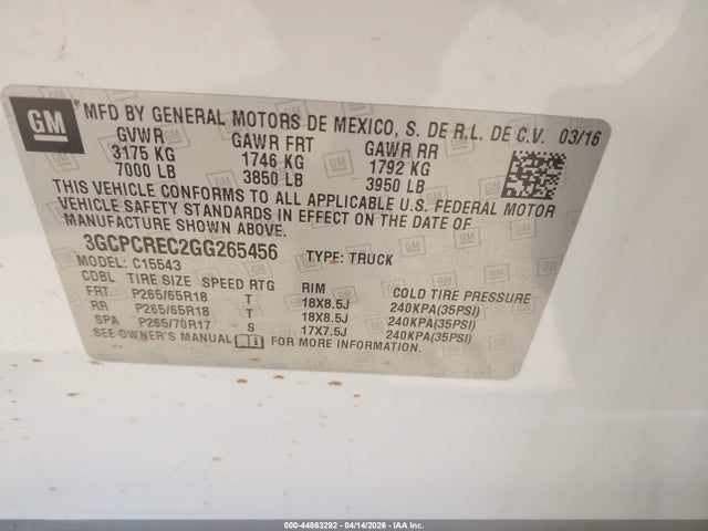 Продажа на аукционе авто 2016 Chevrolet Silverado 1500 1lt, vin: 3GCPCREC2GG265456, номер лота: 44863292