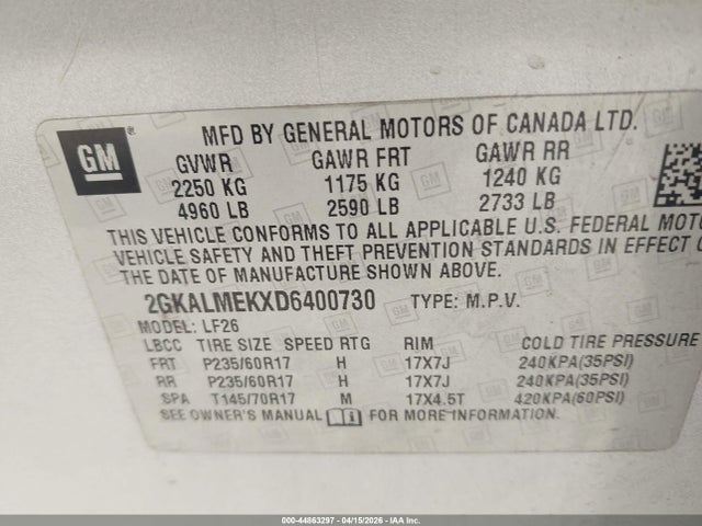 2013 Gmc Terrain Sle-1 მანქანა იყიდება აუქციონზე, vin: 2GKALMEKXD6400730, აუქციონის ნომერი: 44863297