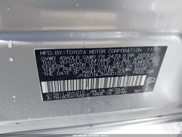 44863299 :رقم المزاد ، JTHBZ1BL3GA001027 vin ، 2016 Lexus Gs 350 مزاد بيع