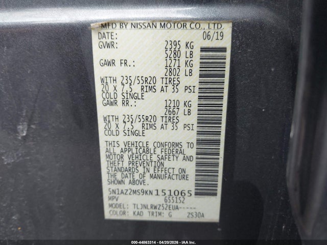 44863314 :رقم المزاد ، 5N1AZ2MS9KN151065 vin ، 2019 Nissan Murano Sl مزاد بيع