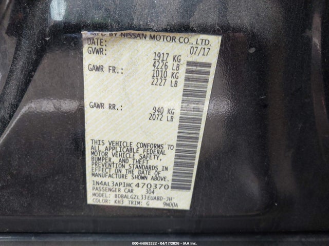 44863322 :رقم المزاد ، 1N4AL3AP1HC470370 vin ، 2017 Nissan Altima 2.5 S مزاد بيع
