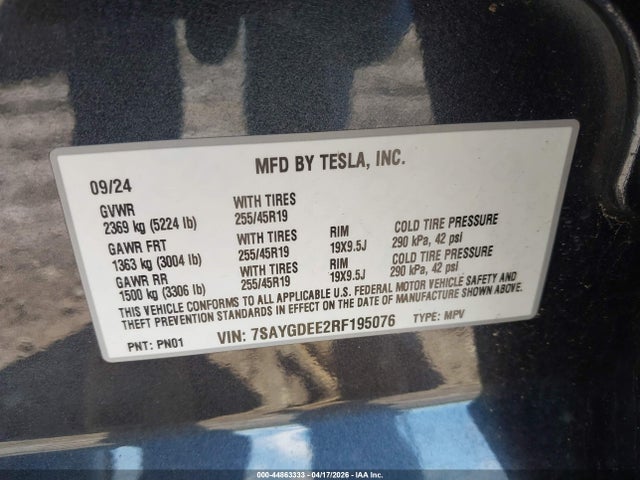 Продаж на аукціоні авто 2024 Tesla Model Y Long Range Dual Motor All-wheel Drive, vin: 7SAYGDEE2RF195076, номер лоту: 44863333