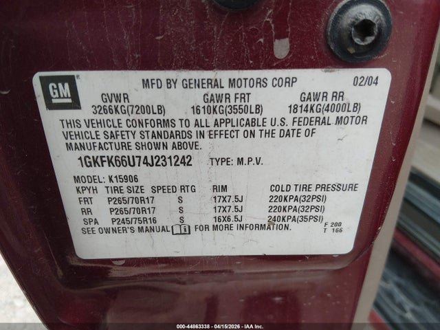 Aukcja sprzedaży 2004 Gmc Yukon Xl 1500 Denali, vin: 1GKFK66U74J231242, numer aukcji: 44863338