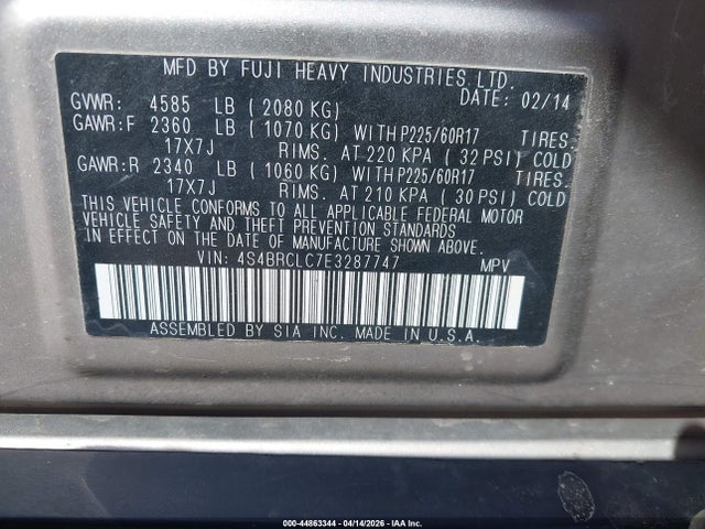 Aukcja sprzedaży 2014 Subaru Outback 2.5i Limited, vin: 4S4BRCLC7E3287747, numer aukcji: 44863344