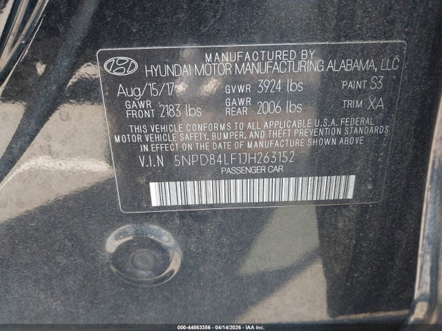 Aukcja sprzedaży 2018 Hyundai Elantra Sel, vin: 5NPD84LF1JH263152, numer aukcji: 44863356