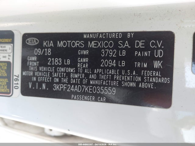 Aukcja sprzedaży 2019 Kia Forte Lxs, vin: 3KPF24AD7KE035559, numer aukcji: 44863357