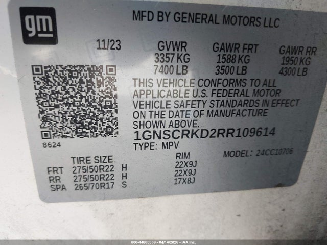 2024 Chevrolet Tahoe 2wd Rst მანქანა იყიდება აუქციონზე, vin: 1GNSCRKD2RR109614, აუქციონის ნომერი: 44863358