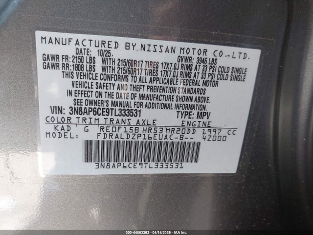 Aukcja sprzedaży 2026 Nissan Kicks Sv, vin: 3N8AP6CE9TL333531, numer aukcji: 44863363