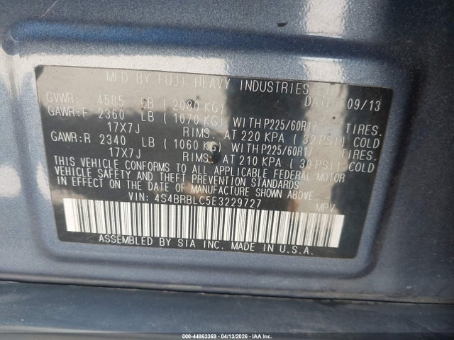 2014 Subaru Outback 2.5i Limited მანქანა იყიდება აუქციონზე, vin: 4S4BRBLC5E3229727, აუქციონის ნომერი: 44863369