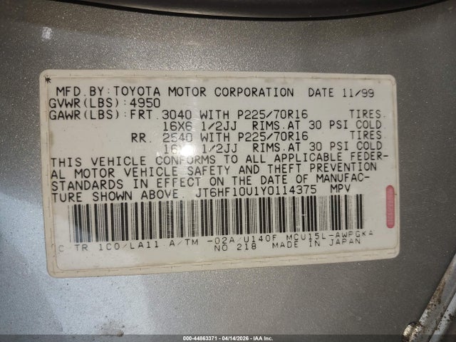 2000 Lexus Rx 300 მანქანა იყიდება აუქციონზე, vin: JT6HF10U1Y0114375, აუქციონის ნომერი: 44863371