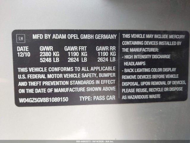 Aukcja sprzedaży 2011 Buick Regal Cxl Turbo Russelsheim, vin: W04GZ5GV8B1089150, numer aukcji: 44863373