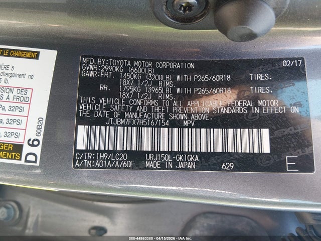 44863380 :رقم المزاد ، JTJBM7FX7H5167154 vin ، 2017 Lexus Gx 460 مزاد بيع