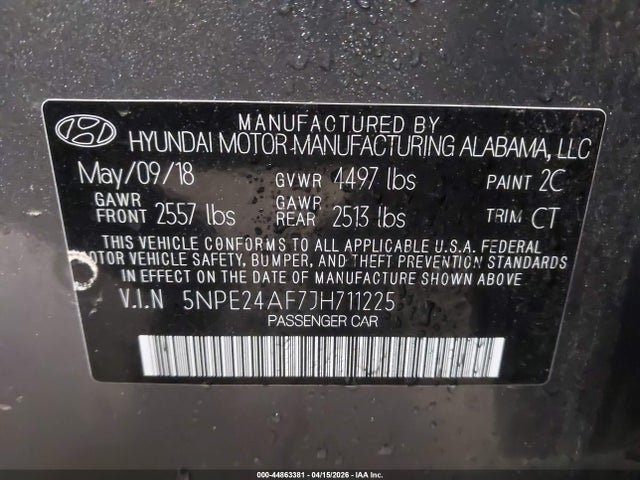 Aukcja sprzedaży 2018 Hyundai Sonata Se, vin: 5NPE24AF7JH711225, numer aukcji: 44863381