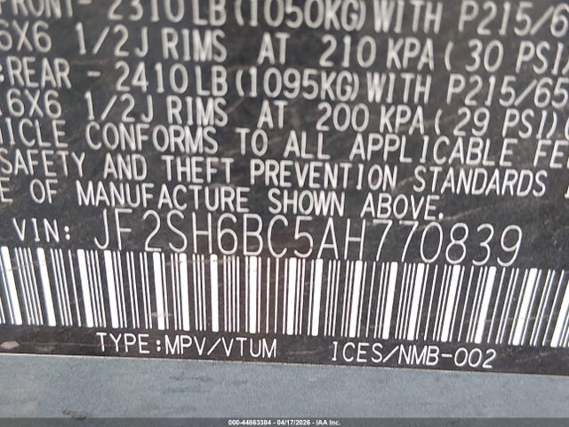 2010 Subaru Forester 2.5x მანქანა იყიდება აუქციონზე, vin: JF2SH6BC5AH770839, აუქციონის ნომერი: 44863384