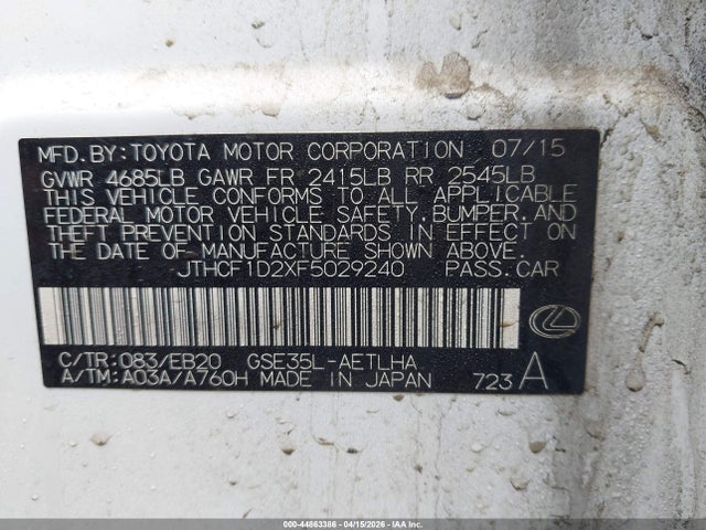 Aukcja sprzedaży 2015 Lexus Is 250, vin: JTHCF1D2XF5029240, numer aukcji: 44863386