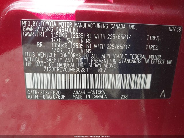2018 Toyota Rav4 Le მანქანა იყიდება აუქციონზე, vin: 2T3BFREV0JW830281, აუქციონის ნომერი: 44863396