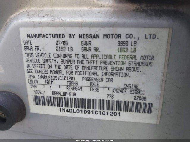 Aukcja sprzedaży 2001 Nissan Altima Gxe, vin: 1N4DL01D91C101201, numer aukcji: 44863397