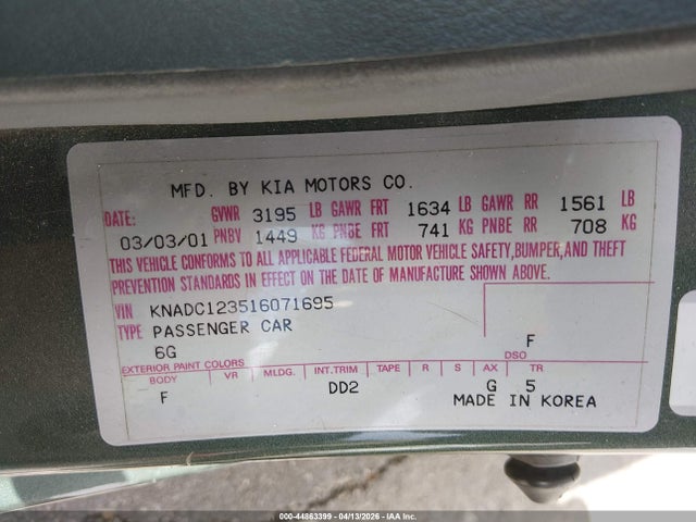 Aukcja sprzedaży 2001 Kia Rio, vin: KNADC123516071695, numer aukcji: 44863399