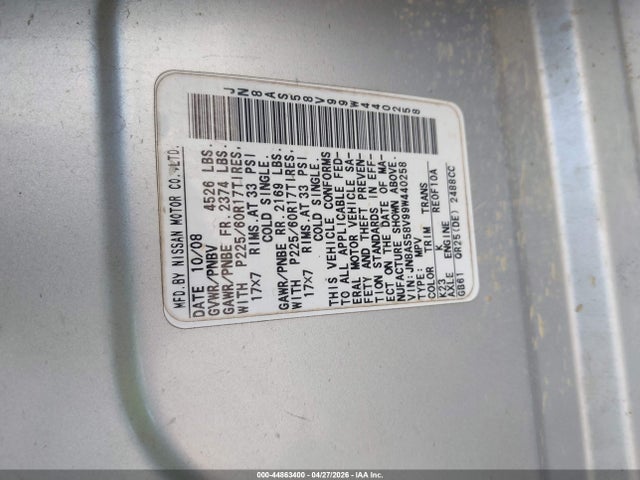 44863400 :رقم المزاد ، JN8AS58V99W440258 vin ، 2009 Nissan Rogue Sl مزاد بيع