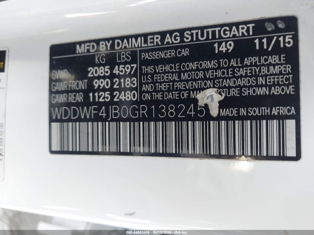 Продажа на аукционе авто 2016 Mercedes-benz C 300, vin: WDDWF4JB0GR138245, номер лота: 44863406
