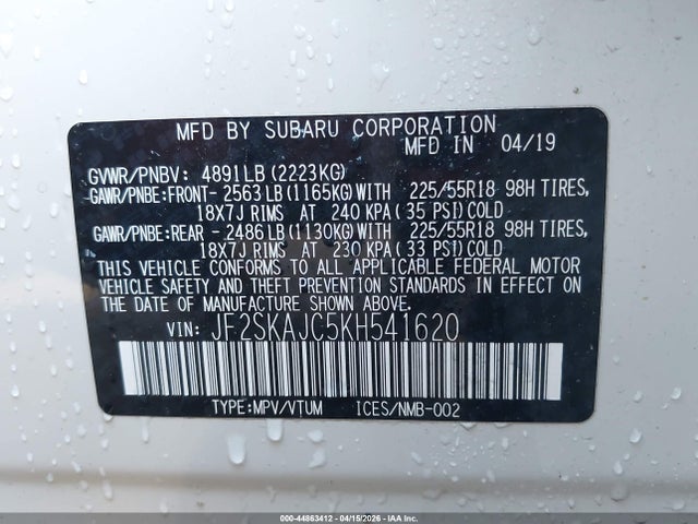 Продаж на аукціоні авто 2019 Subaru Forester Sport, vin: JF2SKAJC5KH541620, номер лоту: 44863412
