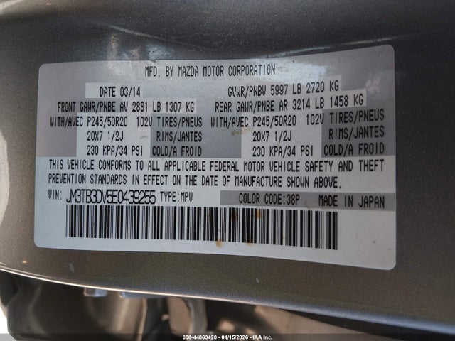 44863420 :رقم المزاد ، JM3TB3DV5E0439255 vin ، 2014 Mazda Cx-9 Grand Touring مزاد بيع