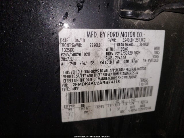 44863425 :رقم المزاد ، 2FMDK4KC2ABB74318 vin ، 2010 Ford Edge Limited مزاد بيع