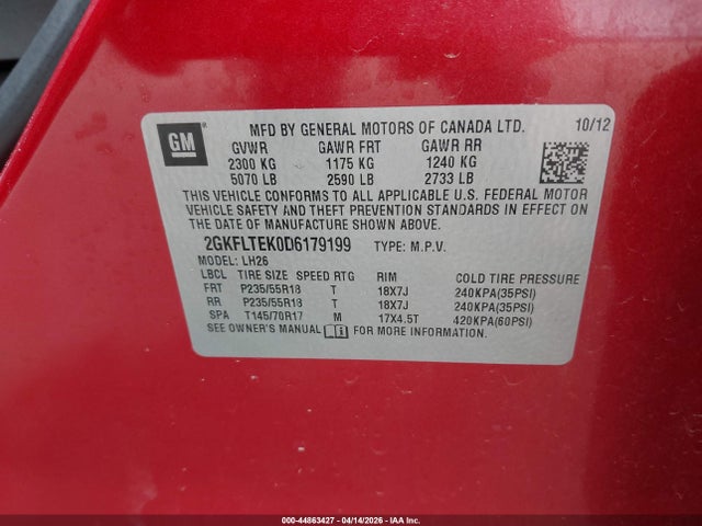 44863427 :رقم المزاد ، 2GKFLTEK0D6179199 vin ، 2013 Gmc Terrain Sle-2 مزاد بيع