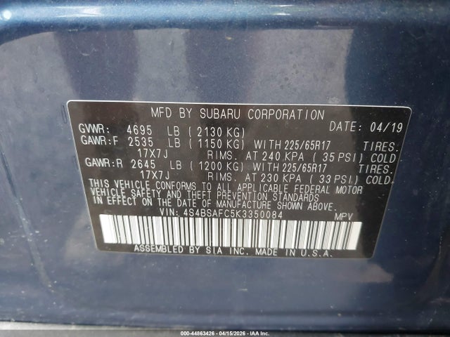 2019 Subaru Outback 2.5i Premium მანქანა იყიდება აუქციონზე, vin: 4S4BSAFC5K3350084, აუქციონის ნომერი: 44863426