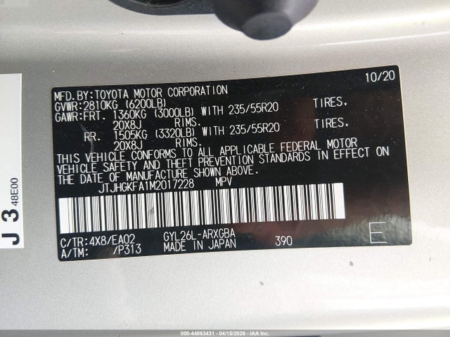 Aukcja sprzedaży 2021 Lexus Rx 450hl, vin: JTJHGKFA1M2017228, numer aukcji: 44863431
