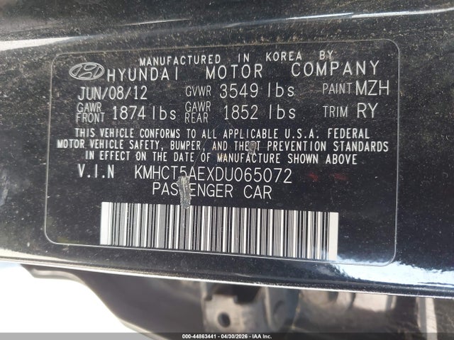 Aukcja sprzedaży 2013 Hyundai Accent Gs, vin: KMHCT5AEXDU065072, numer aukcji: 44863441