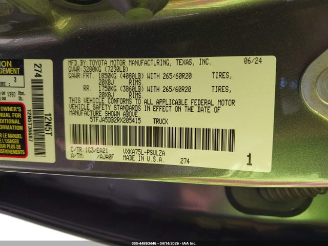 2024 Toyota Tundra Limited მანქანა იყიდება აუქციონზე, vin: 5TFJA5DB2RX205415, აუქციონის ნომერი: 44863446