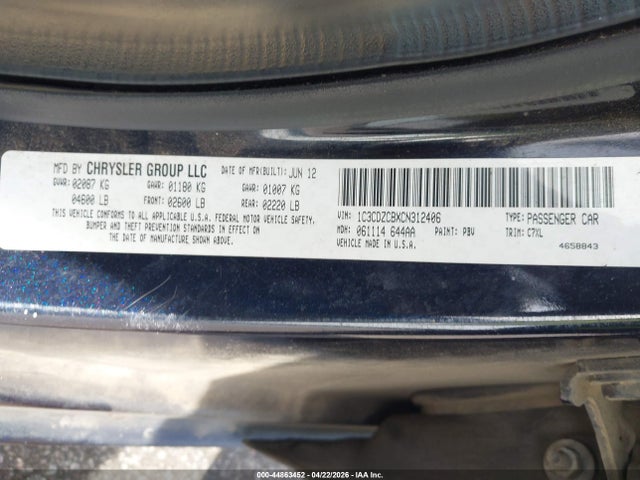 44863452 :رقم المزاد ، 1C3CDZCBXCN312406 vin ، 2012 Dodge Avenger Sxt مزاد بيع