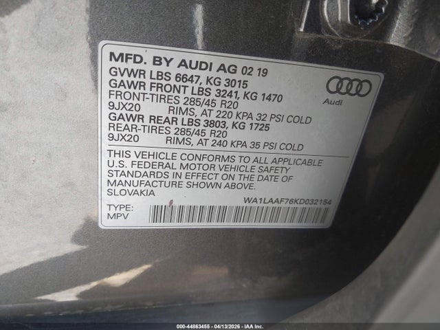 Продаж на аукціоні авто 2019 Audi Q7 55 Premium/55 Se Premium, vin: WA1LAAF76KD032154, номер лоту: 44863455