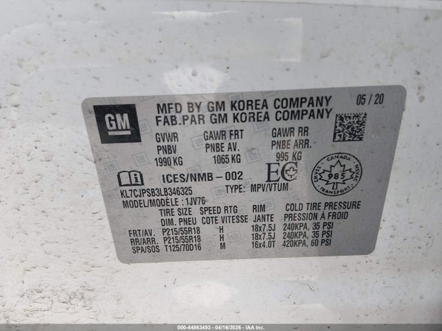44863493 :رقم المزاد ، KL7CJPSB3LB346325 vin ، 2020 Chevrolet Trax Lt مزاد بيع