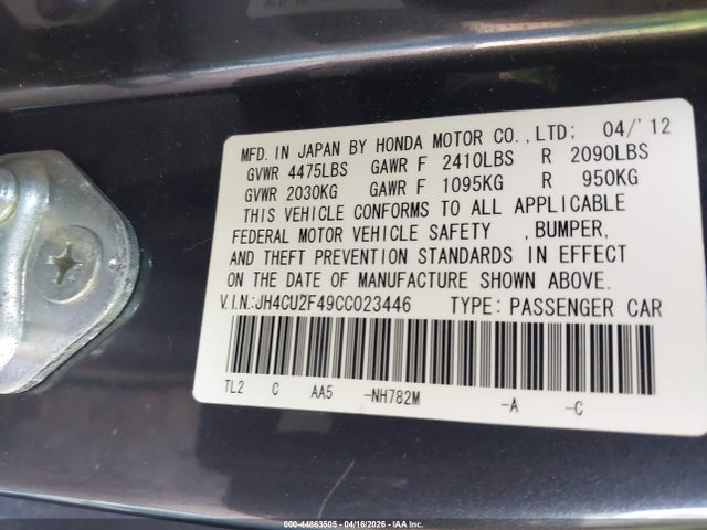 44863505 :رقم المزاد ، JH4CU2F49CC023446 vin ، 2012 Acura Tsx 2.4 مزاد بيع